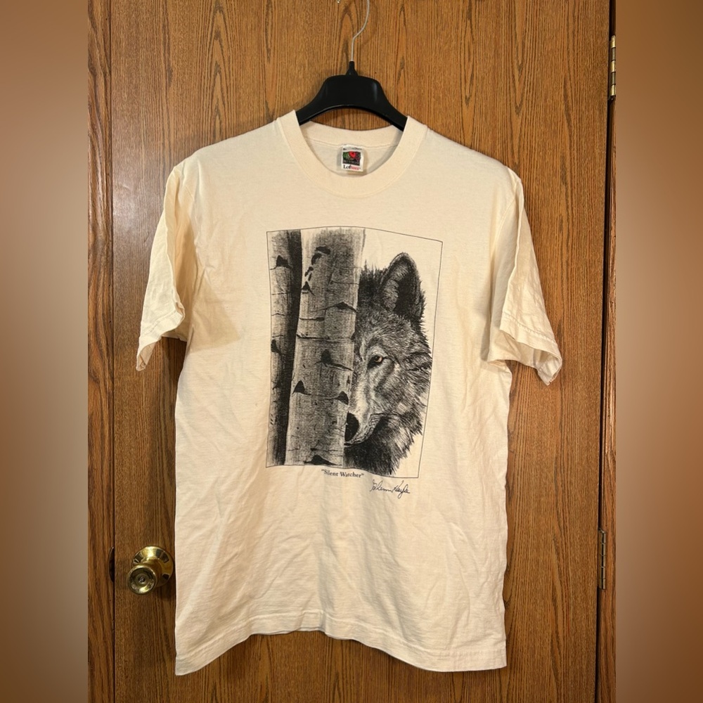Vintage 80s Fruit Of The Loom Glenn Hayle Wolf Art Print Short Sleeve T-Shirt